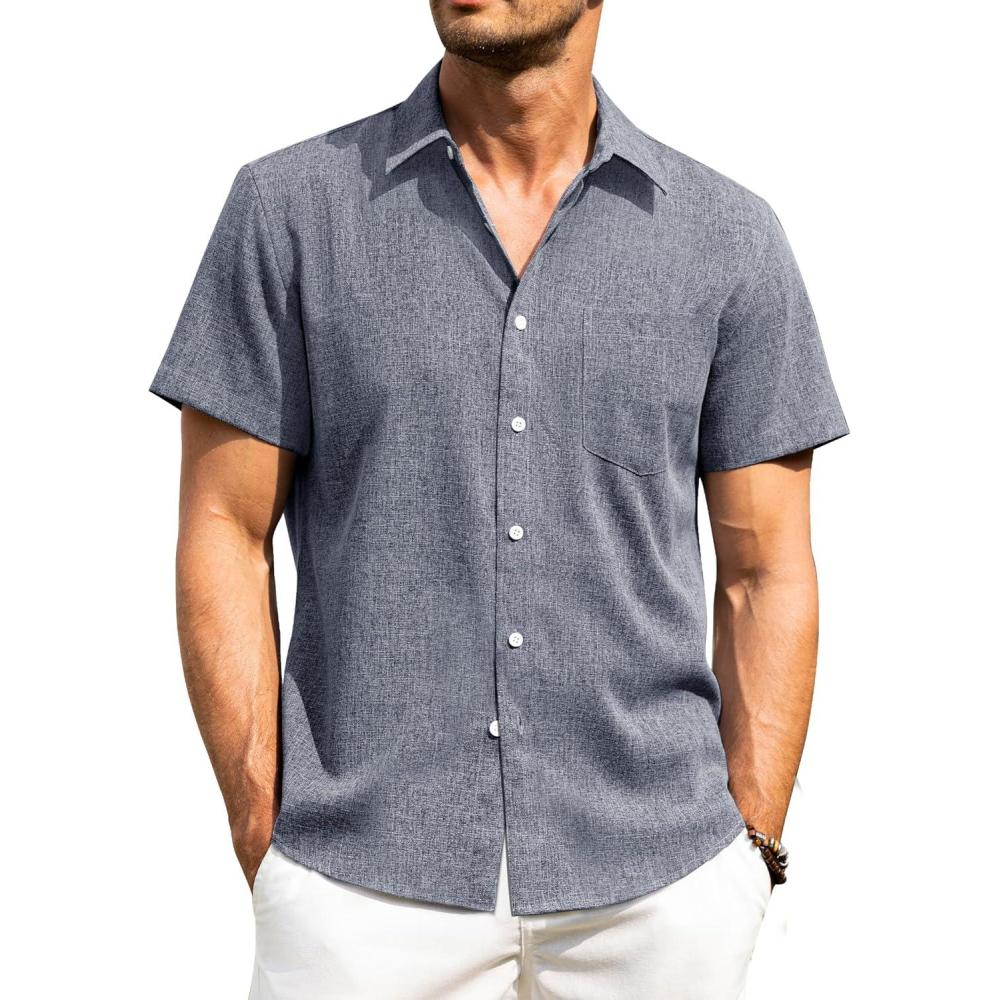 imageAlimens amp Gentle Mens Linen Shirts Short Sleeve Button Down Shirts Wrinkle Free Casual Vacation Beach Summer TopsBlue