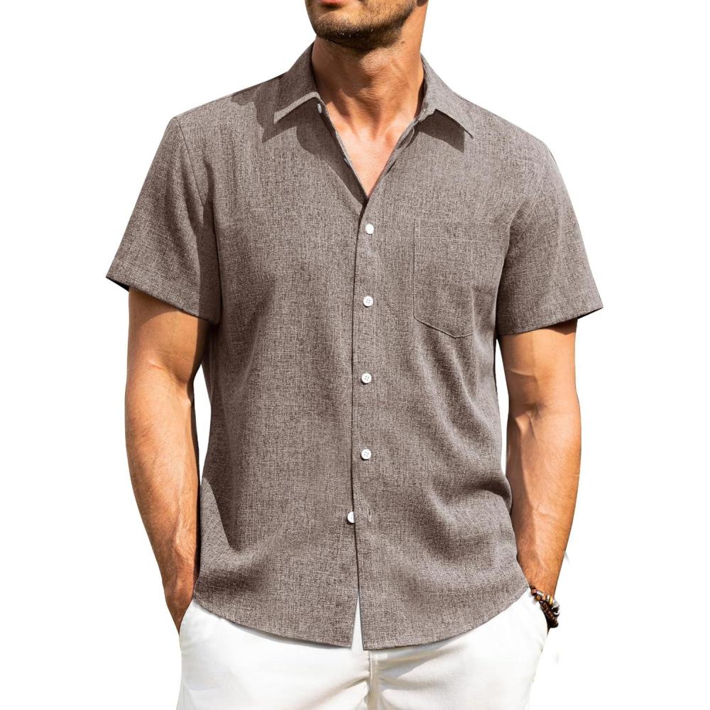 imageAlimens amp Gentle Mens Linen Shirts Short Sleeve Button Down Shirts Wrinkle Free Casual Vacation Beach Summer TopsBrown