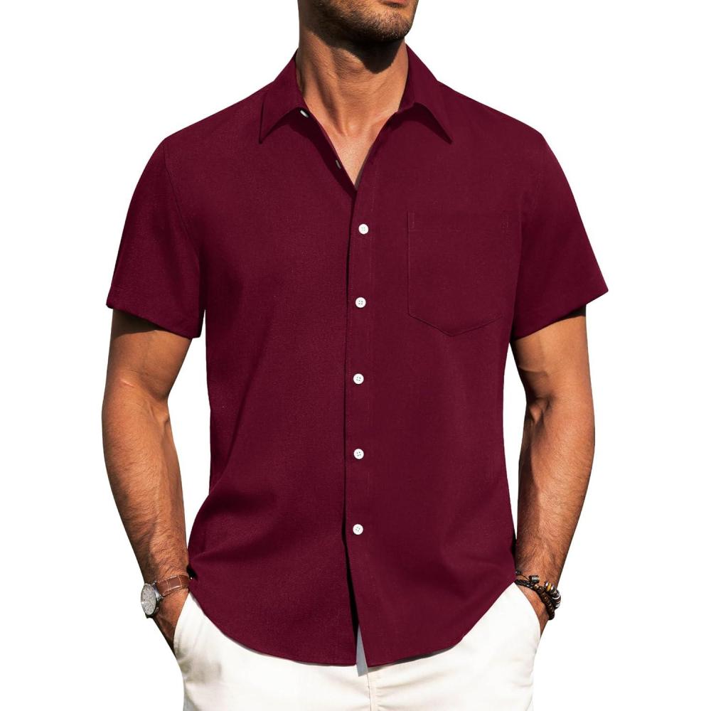 imageAlimens amp Gentle Mens Linen Shirts Short Sleeve Button Down Shirts Wrinkle Free Casual Vacation Beach Summer TopsBurgundy