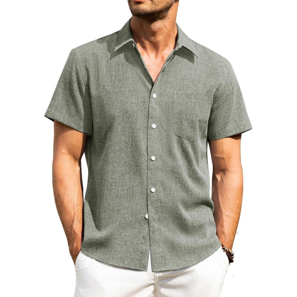 imageAlimens amp Gentle Mens Linen Shirts Short Sleeve Button Down Shirts Wrinkle Free Casual Vacation Beach Summer TopsGreen