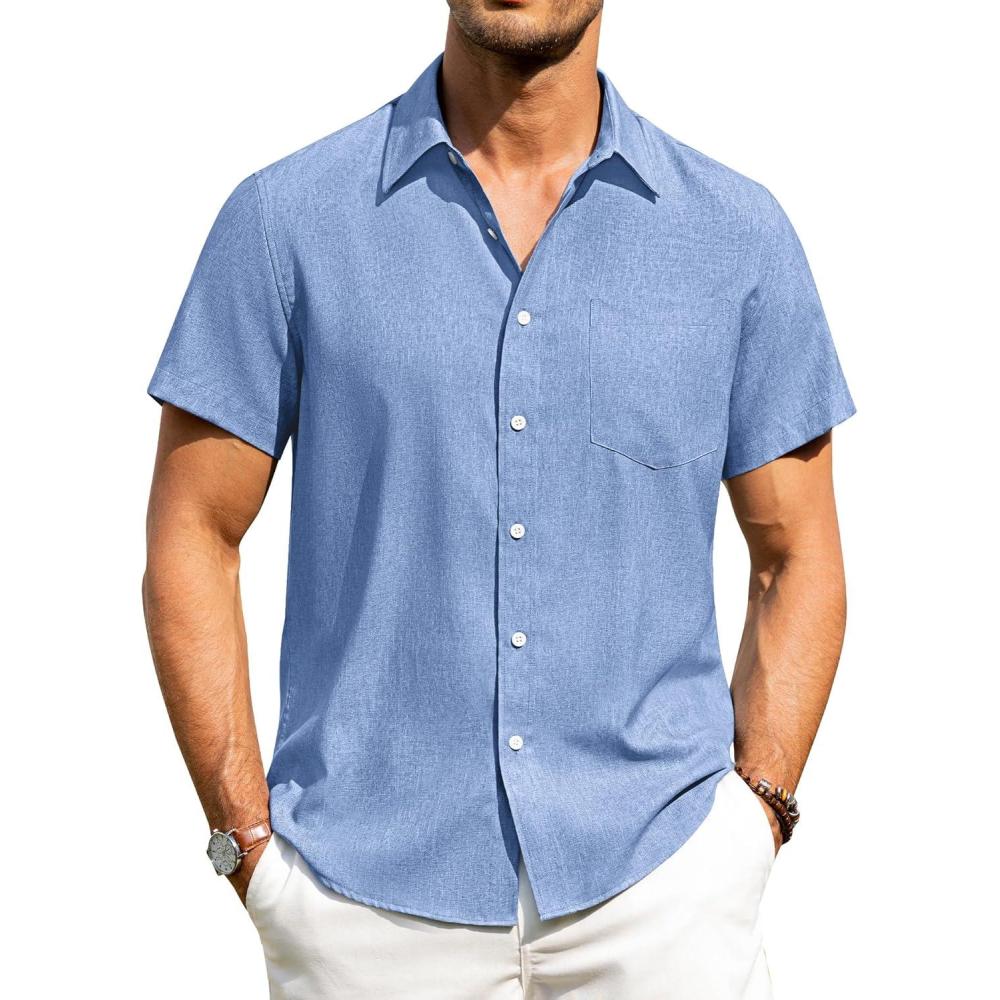 imageAlimens amp Gentle Mens Linen Shirts Short Sleeve Button Down Shirts Wrinkle Free Casual Vacation Beach Summer TopsIce Blue