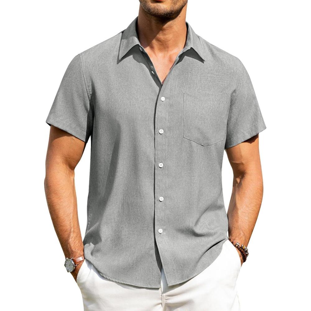 imageAlimens amp Gentle Mens Linen Shirts Short Sleeve Button Down Shirts Wrinkle Free Casual Vacation Beach Summer TopsLight Grey