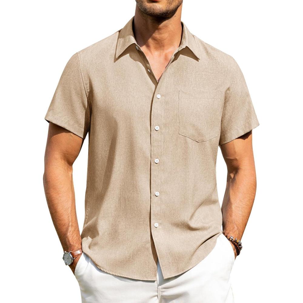 imageAlimens amp Gentle Mens Linen Shirts Short Sleeve Button Down Shirts Wrinkle Free Casual Vacation Beach Summer TopsLight Khaki