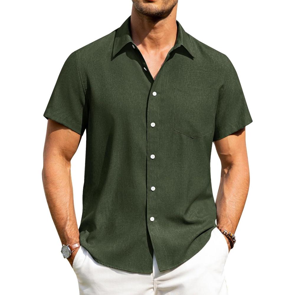 imageAlimens amp Gentle Mens Linen Shirts Short Sleeve Button Down Shirts Wrinkle Free Casual Vacation Beach Summer TopsOlive Green