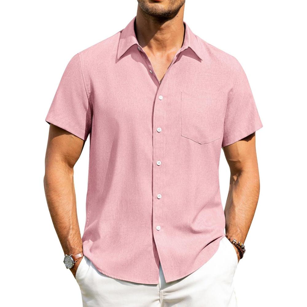 imageAlimens amp Gentle Mens Linen Shirts Short Sleeve Button Down Shirts Wrinkle Free Casual Vacation Beach Summer TopsPink