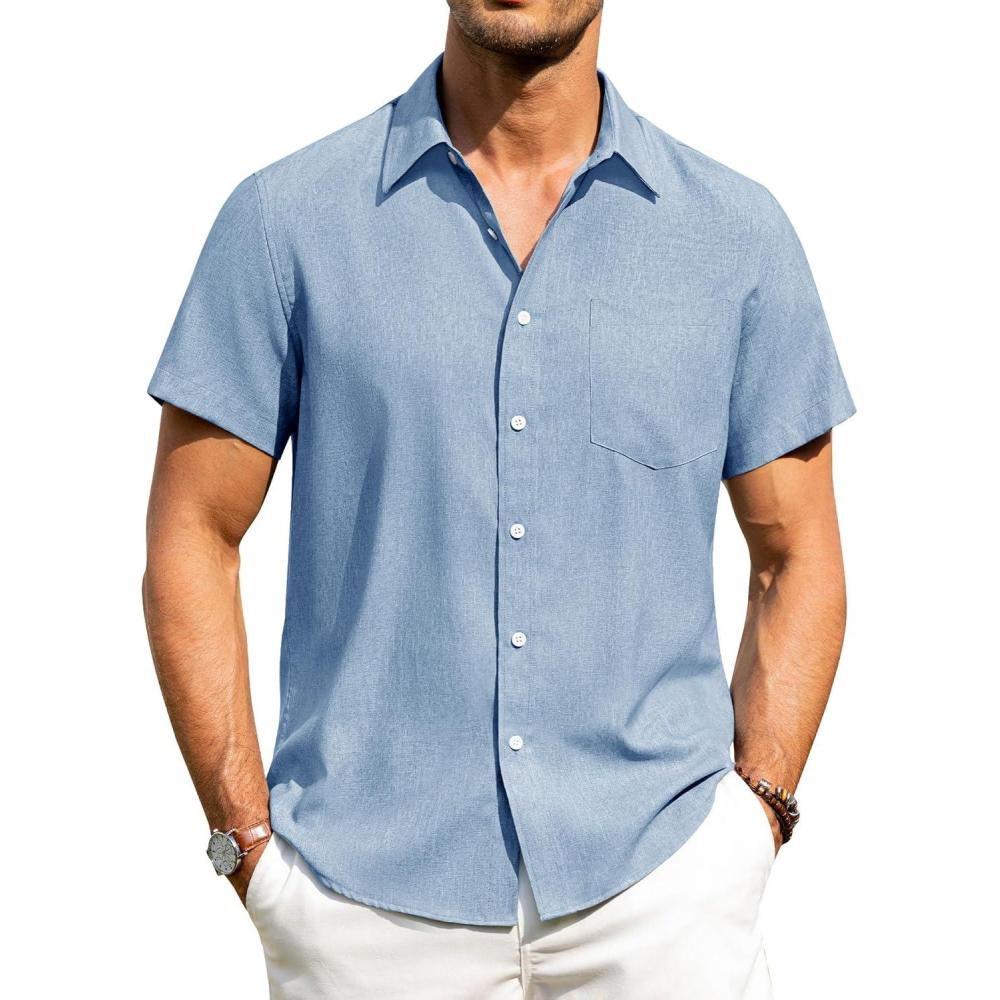 imageAlimens amp Gentle Mens Linen Shirts Short Sleeve Button Down Shirts Wrinkle Free Casual Vacation Beach Summer TopsSky Blue