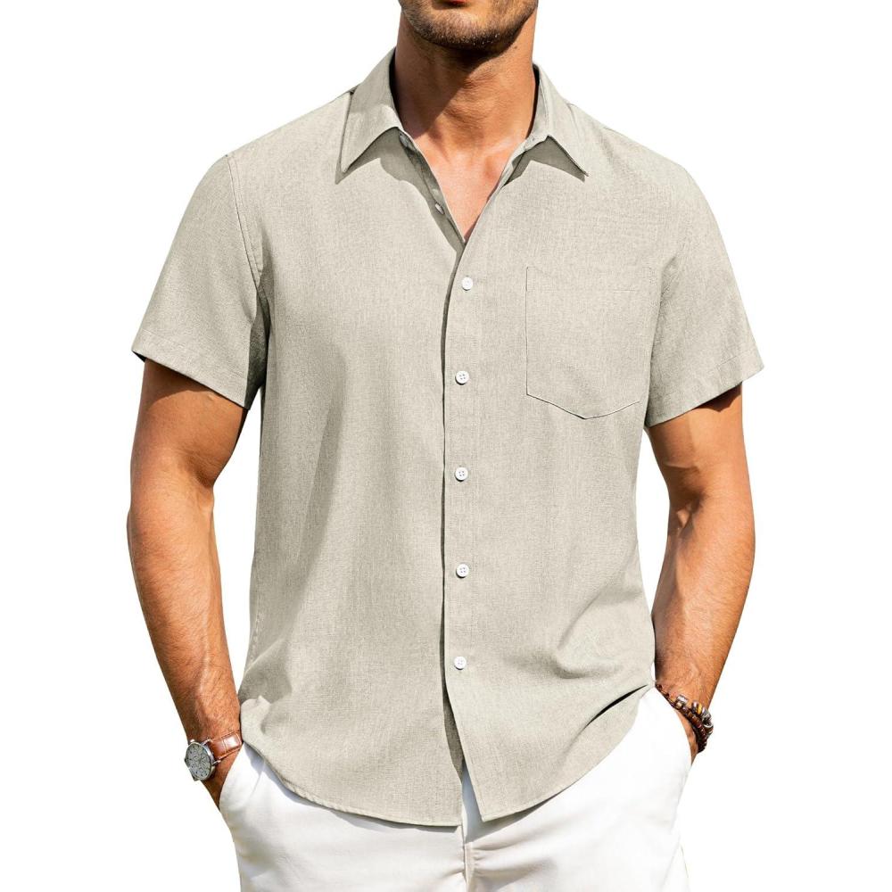 imageAlimens amp Gentle Mens Linen Shirts Short Sleeve Button Down Shirts Wrinkle Free Casual Vacation Beach Summer TopsTan