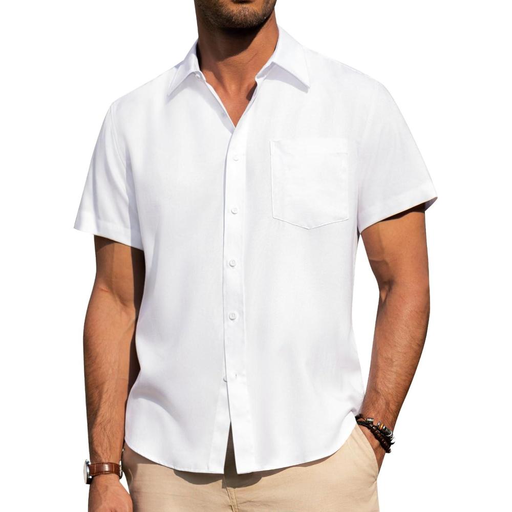 imageAlimens amp Gentle Mens Linen Shirts Short Sleeve Button Down Shirts Wrinkle Free Casual Vacation Beach Summer TopsWhite
