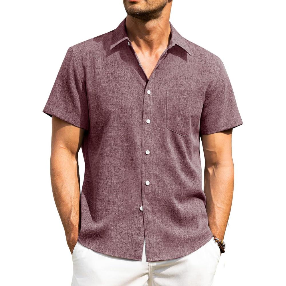 imageAlimens amp Gentle Mens Linen Shirts Short Sleeve Button Down Shirts Wrinkle Free Casual Vacation Beach Summer TopsWine Red