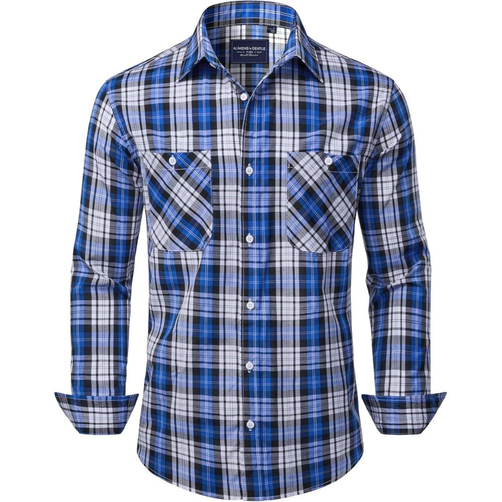 imageAlimens amp Gentle Mens Long Sleeve Dress Shirt Button Down Shirts with Pockets Regular Business Office Casual Plaid ShirtBlack Blue Plaid