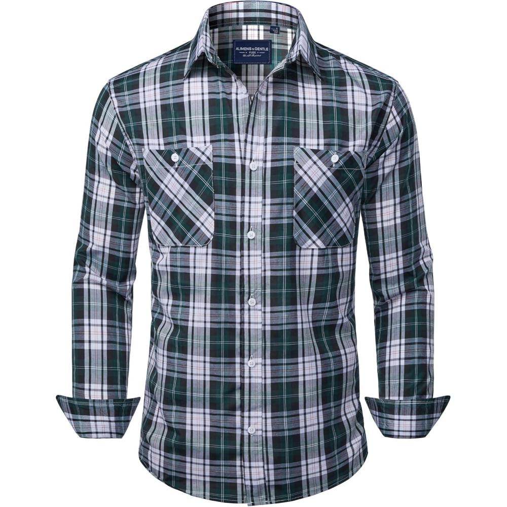 imageAlimens amp Gentle Mens Long Sleeve Dress Shirt Button Down Shirts with Pockets Regular Business Office Casual Plaid ShirtBlack Green Grey Plaid
