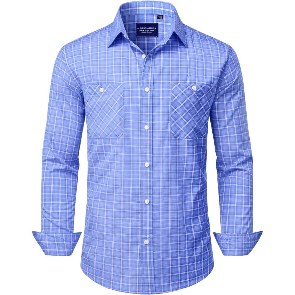 imageAlimens amp Gentle Mens Long Sleeve Dress Shirt Button Down Shirts with Pockets Regular Business Office Casual Plaid ShirtBlue Gingham