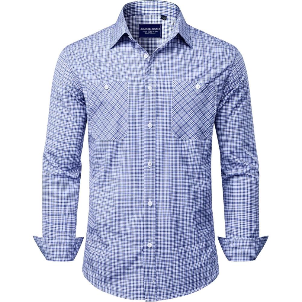 imageAlimens amp Gentle Mens Long Sleeve Dress Shirt Button Down Shirts with Pockets Regular Business Office Casual Plaid ShirtBlue White Gingham