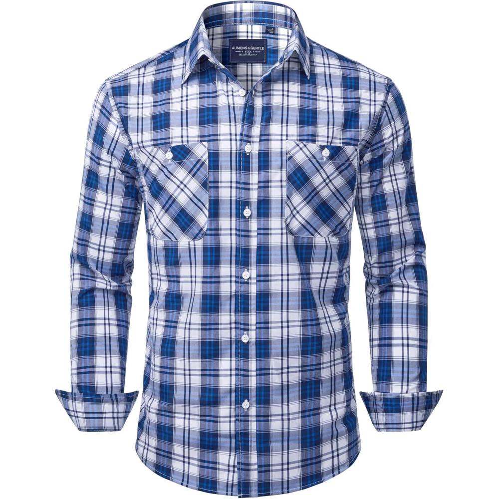 imageAlimens amp Gentle Mens Long Sleeve Dress Shirt Button Down Shirts with Pockets Regular Business Office Casual Plaid ShirtNavy Blue Plaid