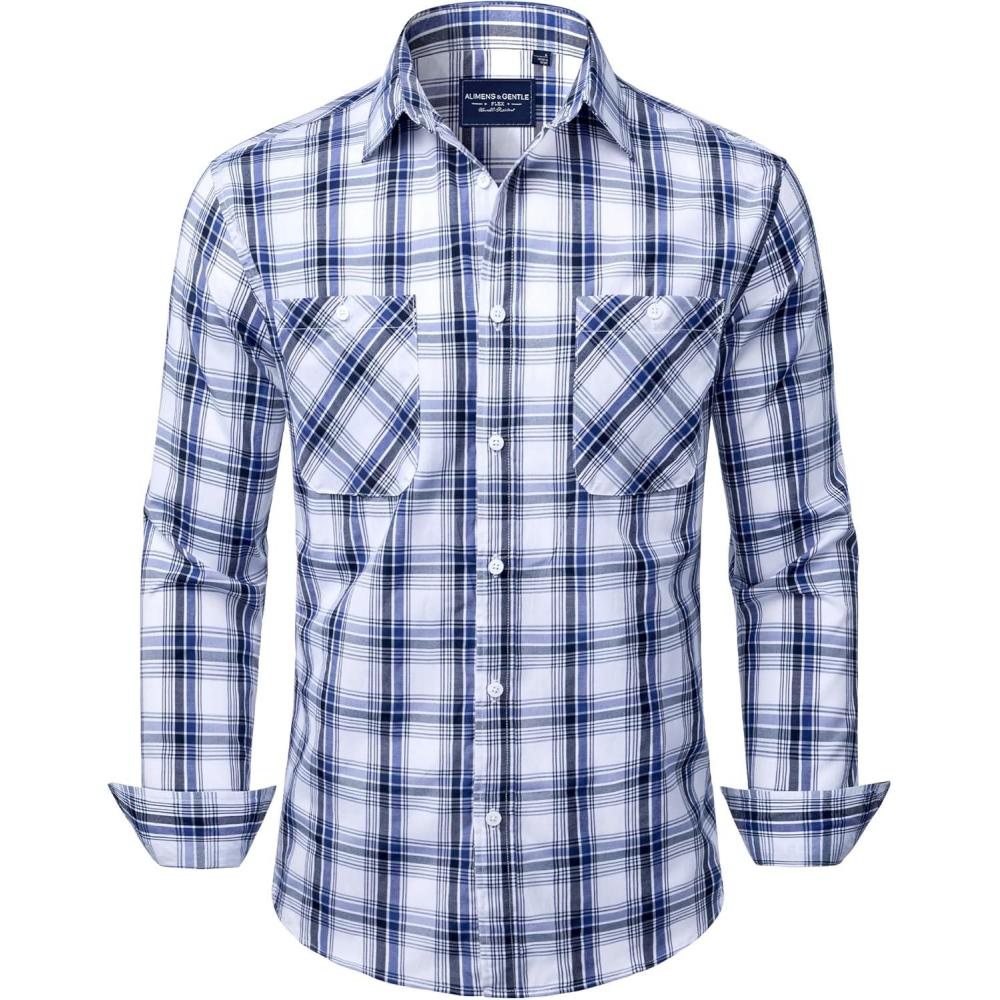 imageAlimens amp Gentle Mens Long Sleeve Dress Shirt Button Down Shirts with Pockets Regular Business Office Casual Plaid ShirtNavy Blue White Plaid