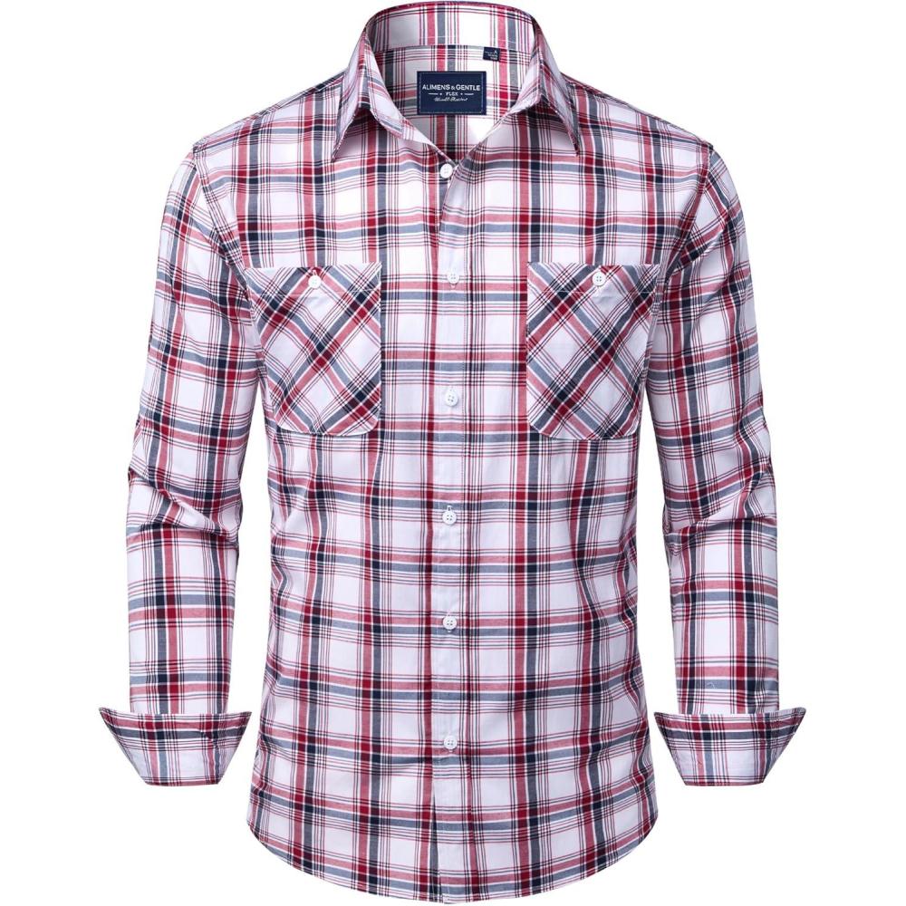 imageAlimens amp Gentle Mens Long Sleeve Dress Shirt Button Down Shirts with Pockets Regular Business Office Casual Plaid ShirtRed Black Plaid
