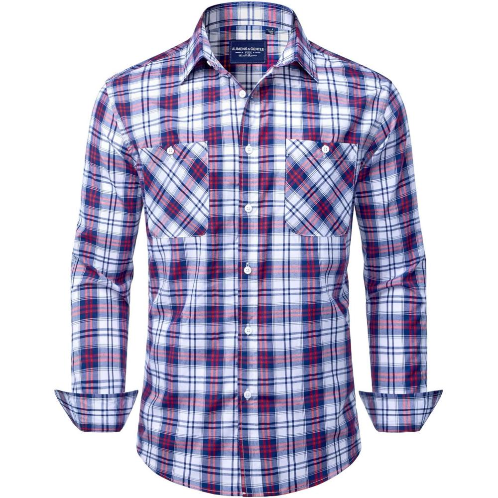 imageAlimens amp Gentle Mens Long Sleeve Dress Shirt Button Down Shirts with Pockets Regular Business Office Casual Plaid ShirtRed Blue Plaid