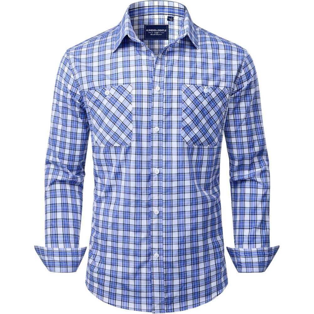 imageAlimens amp Gentle Mens Long Sleeve Dress Shirt Button Down Shirts with Pockets Regular Business Office Casual Plaid ShirtWhite Blue Plaid