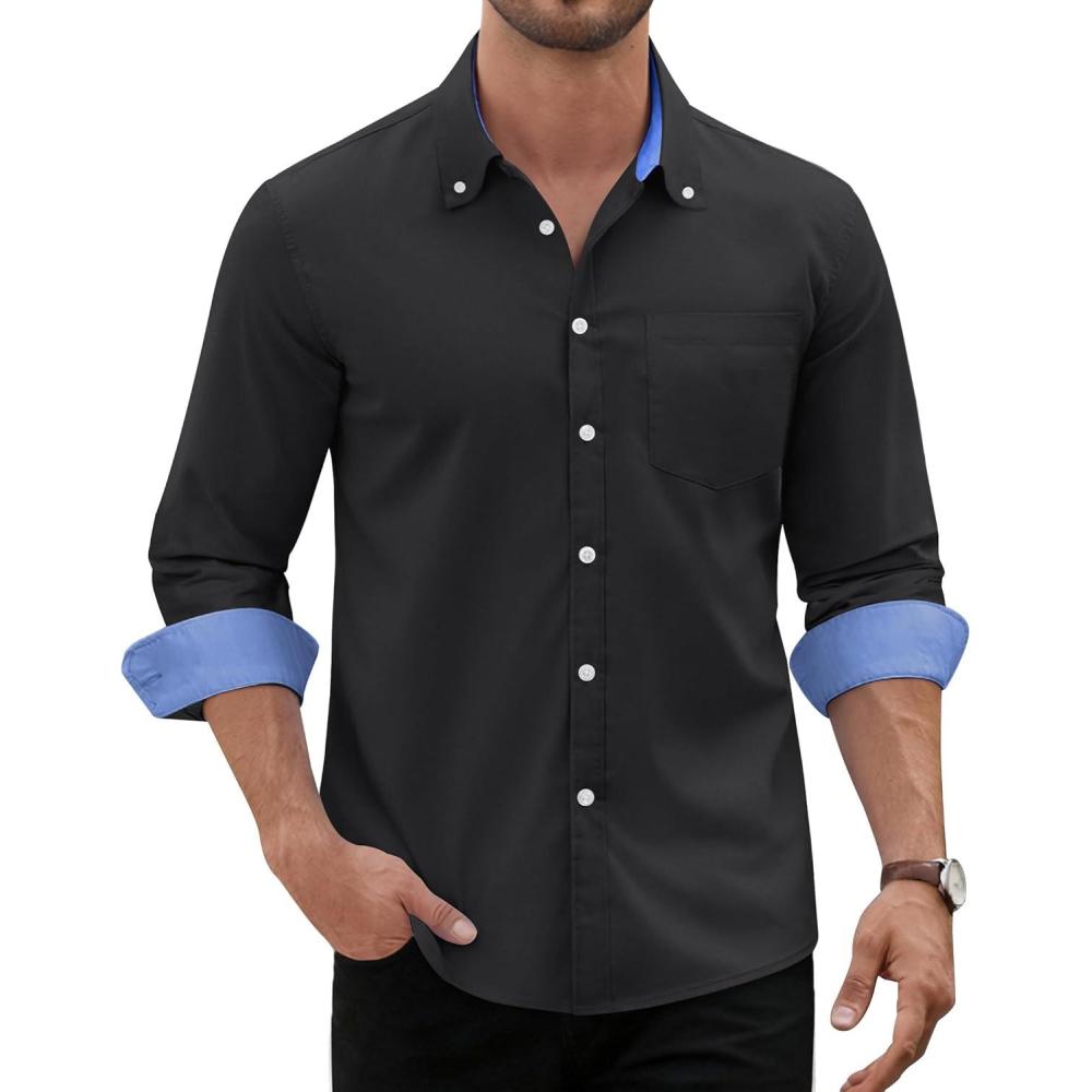 imageAlimens amp Gentle Mens Oxford Shirt Long Sleeve Button Down Shirt Casual Stretch Wedding Dress Shirt with PocketBlack