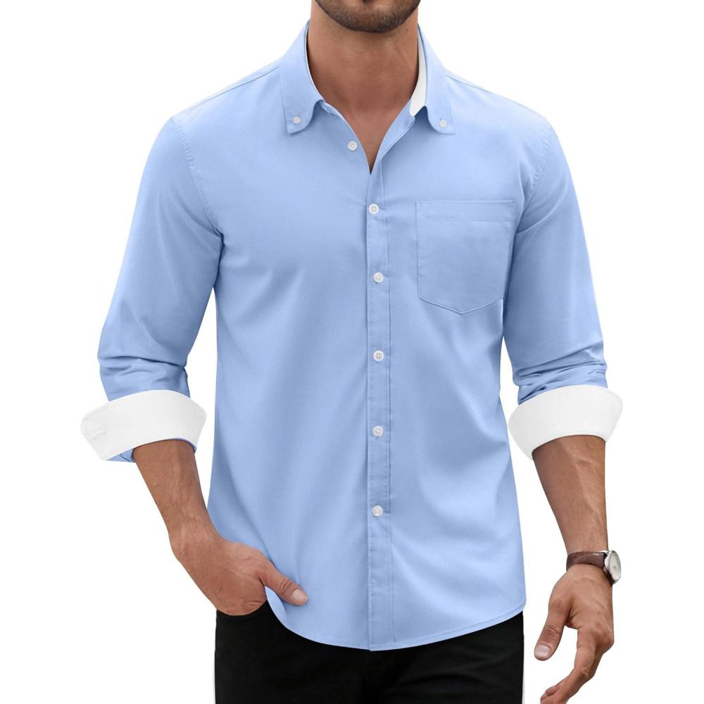 imageAlimens amp Gentle Mens Oxford Shirt Long Sleeve Button Down Shirt Casual Stretch Wedding Dress Shirt with PocketLight Blue