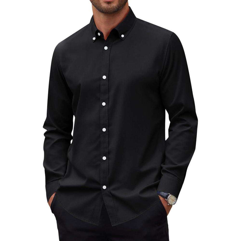 imageAlimens amp Gentle Mens Oxford Shirts Stretch Long Sleeve Dress Shirt for Men Casual Business Work Solid Button Down ShirtsBlack
