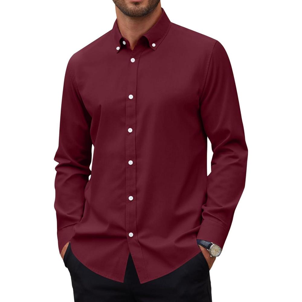 imageAlimens amp Gentle Mens Oxford Shirts Stretch Long Sleeve Dress Shirt for Men Casual Business Work Solid Button Down ShirtsBurgundy