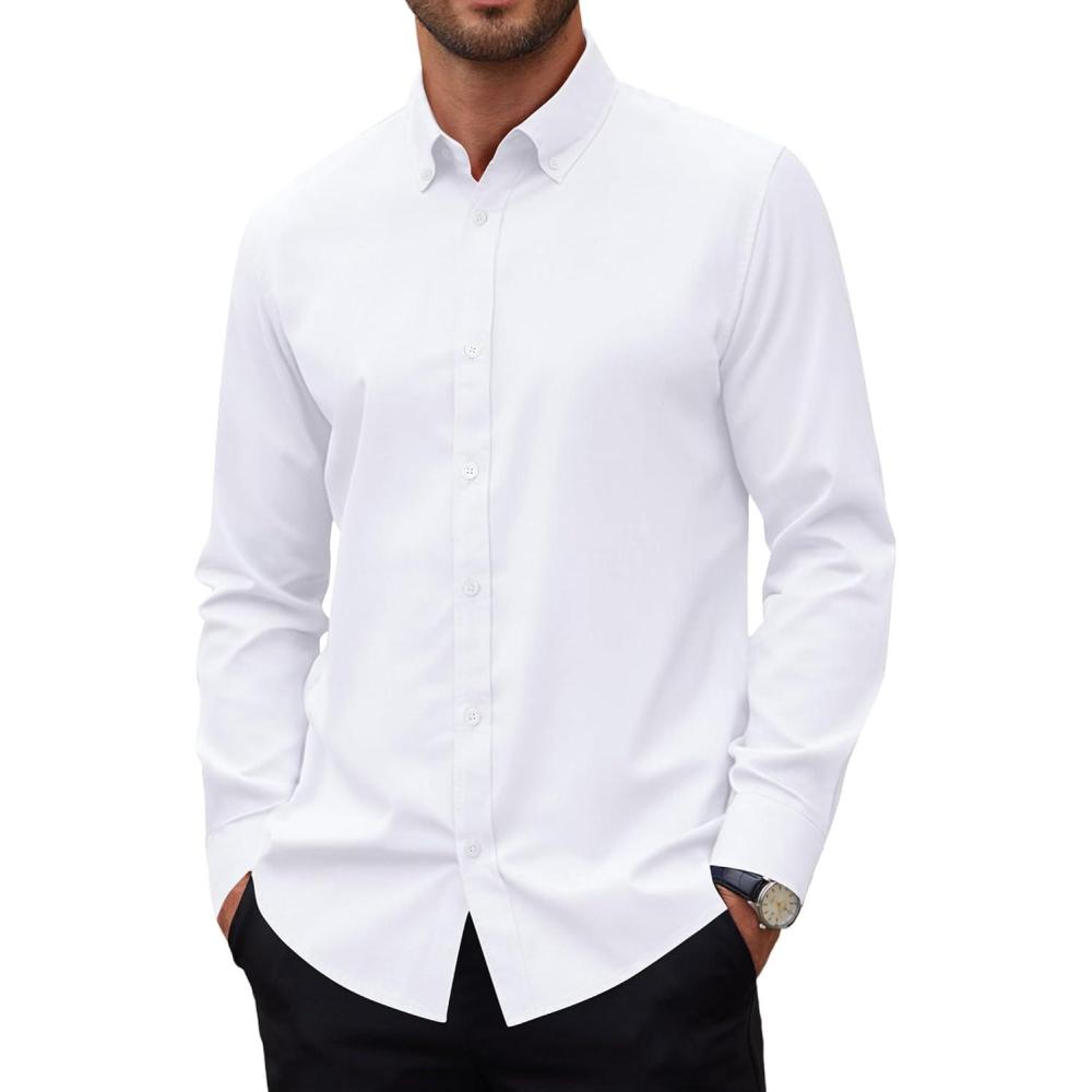 imageAlimens amp Gentle Mens Oxford Shirts Stretch Long Sleeve Dress Shirt for Men Casual Business Work Solid Button Down ShirtsWhite
