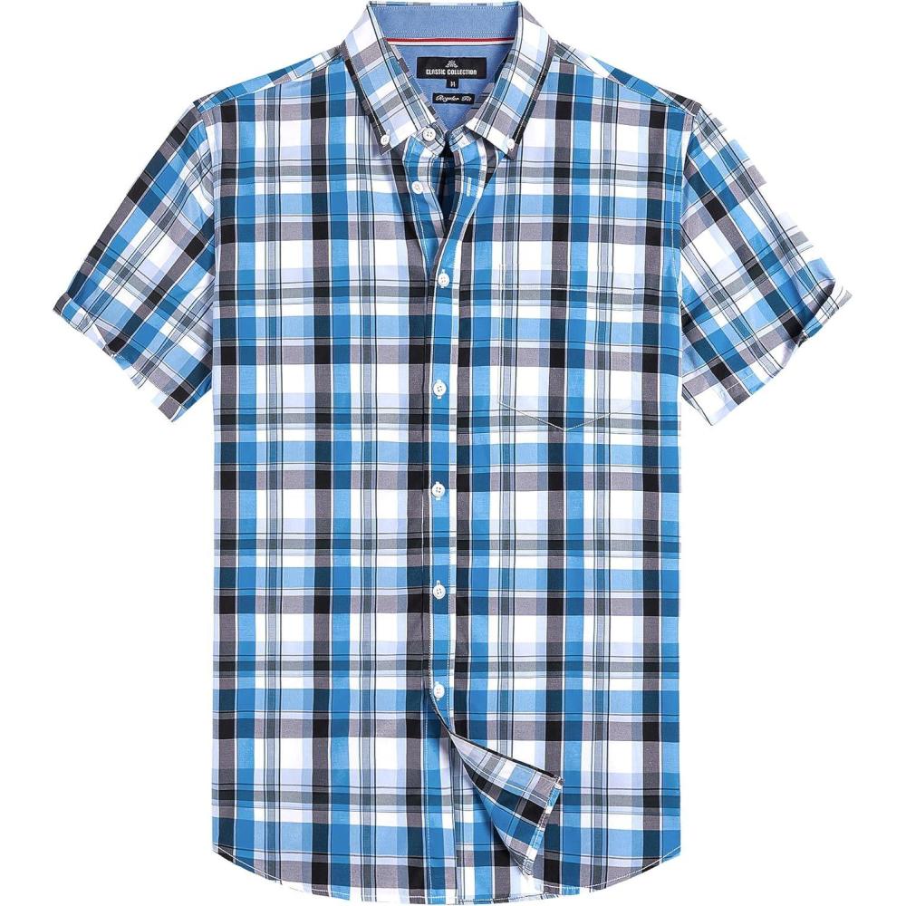 imageAlimens amp Gentle Mens Plaid Short Sleeve Button Down Shirts Cotton Regular Fit Casual Gingham ShirtsBlack Blue Plaid