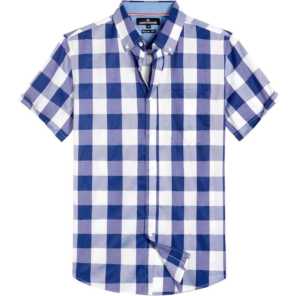 imageAlimens amp Gentle Mens Plaid Short Sleeve Button Down Shirts Cotton Regular Fit Casual Gingham ShirtsBlue Buffalo