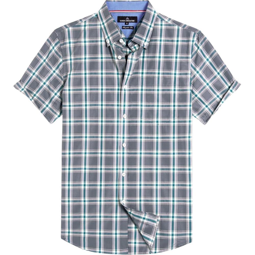 imageAlimens amp Gentle Mens Plaid Short Sleeve Button Down Shirts Cotton Regular Fit Casual Gingham ShirtsGrey Green Plaid