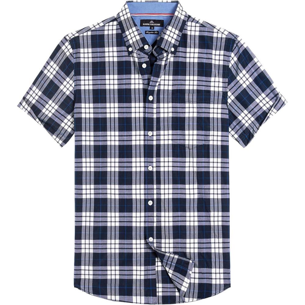imageAlimens amp Gentle Mens Plaid Short Sleeve Button Down Shirts Cotton Regular Fit Casual Gingham ShirtsNavy Blue Plaid
