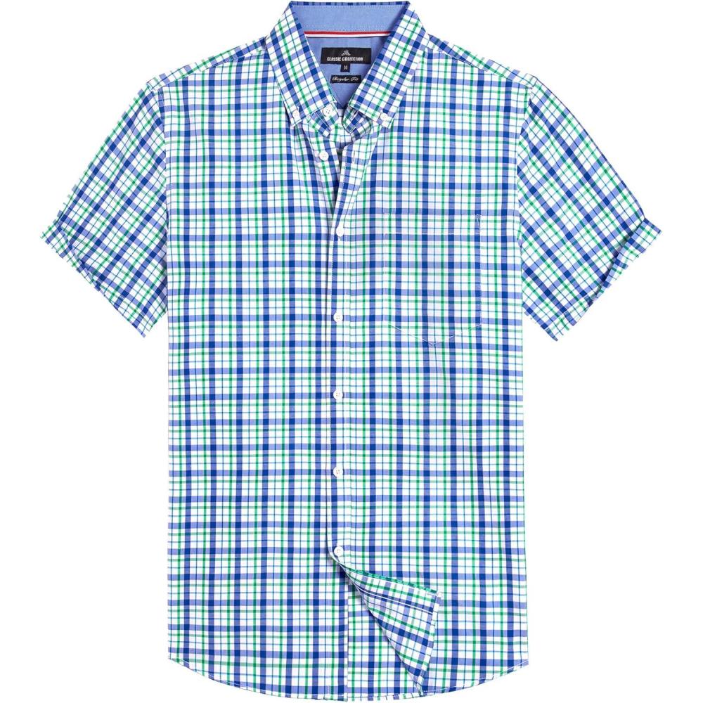 imageAlimens amp Gentle Mens Plaid Short Sleeve Button Down Shirts Cotton Regular Fit Casual Gingham ShirtsNavy Green Check