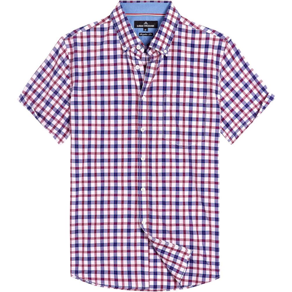 imageAlimens amp Gentle Mens Plaid Short Sleeve Button Down Shirts Cotton Regular Fit Casual Gingham ShirtsRed Navy Check