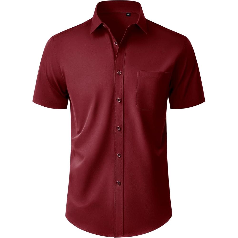 imageAlimens amp Gentle Mens Short Sleeve Dress Shirt Wrinkle Free Wedding Business Casual Summer Button Down Shirt with PocketBurgundy