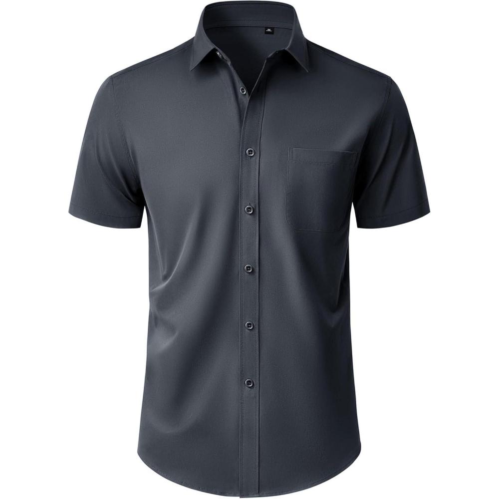 imageAlimens amp Gentle Mens Short Sleeve Dress Shirt Wrinkle Free Wedding Business Casual Summer Button Down Shirt with PocketDark Grey