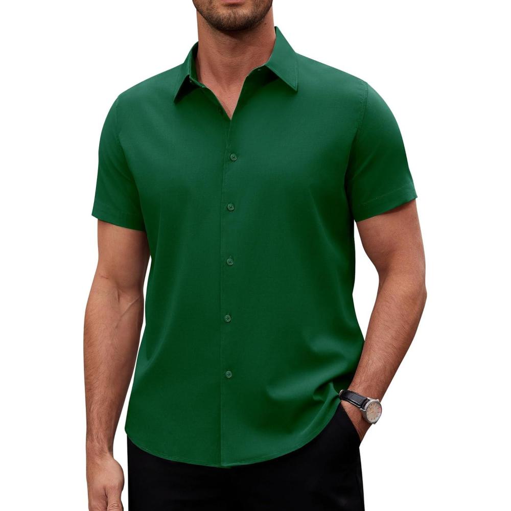 imageAlimens amp Gentle Mens Short Sleeve Dress Shirts Stretch Regular Fit Shirt Casual Button Down Business ShirtsArmy Green