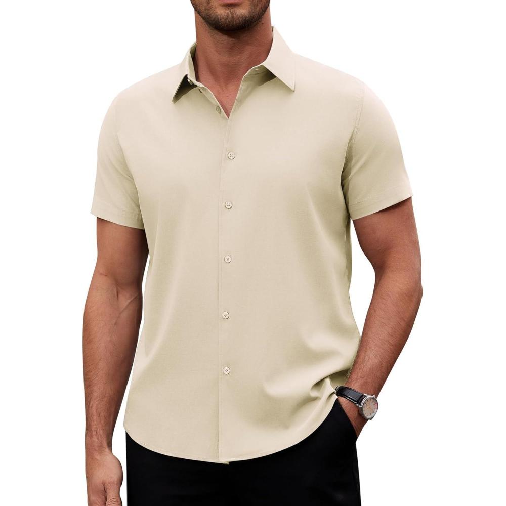imageAlimens amp Gentle Mens Short Sleeve Dress Shirts Stretch Regular Fit Shirt Casual Button Down Business ShirtsBeige