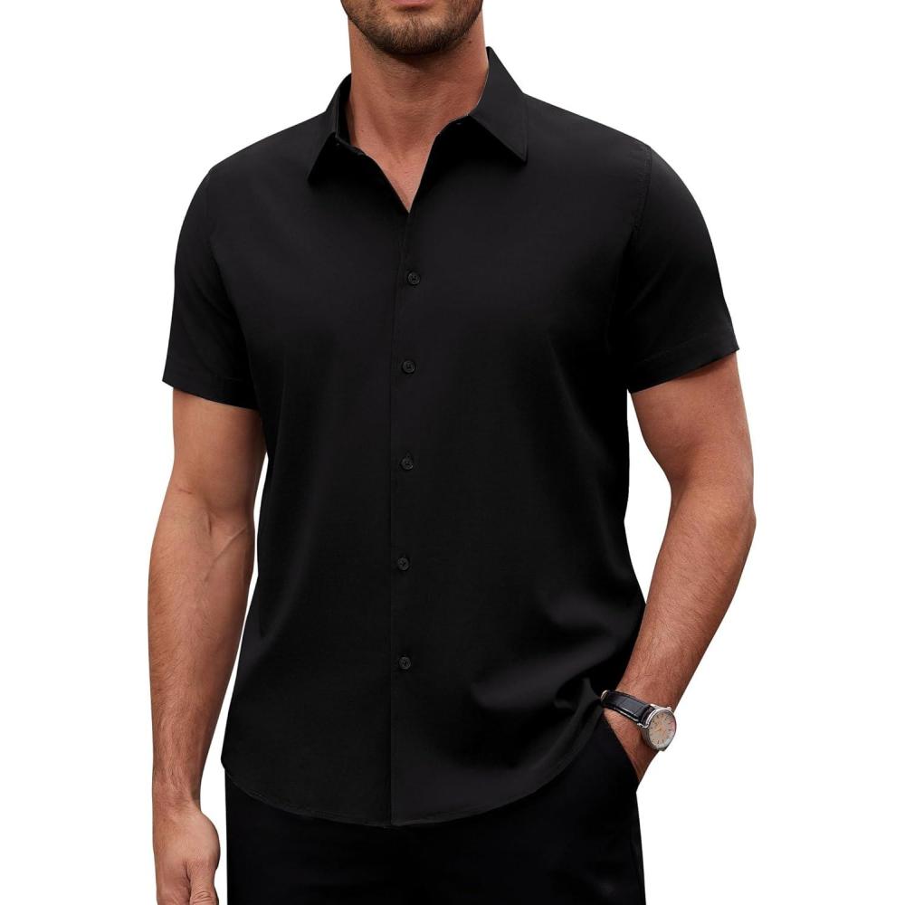 imageAlimens amp Gentle Mens Short Sleeve Dress Shirts Stretch Regular Fit Shirt Casual Button Down Business ShirtsBlack