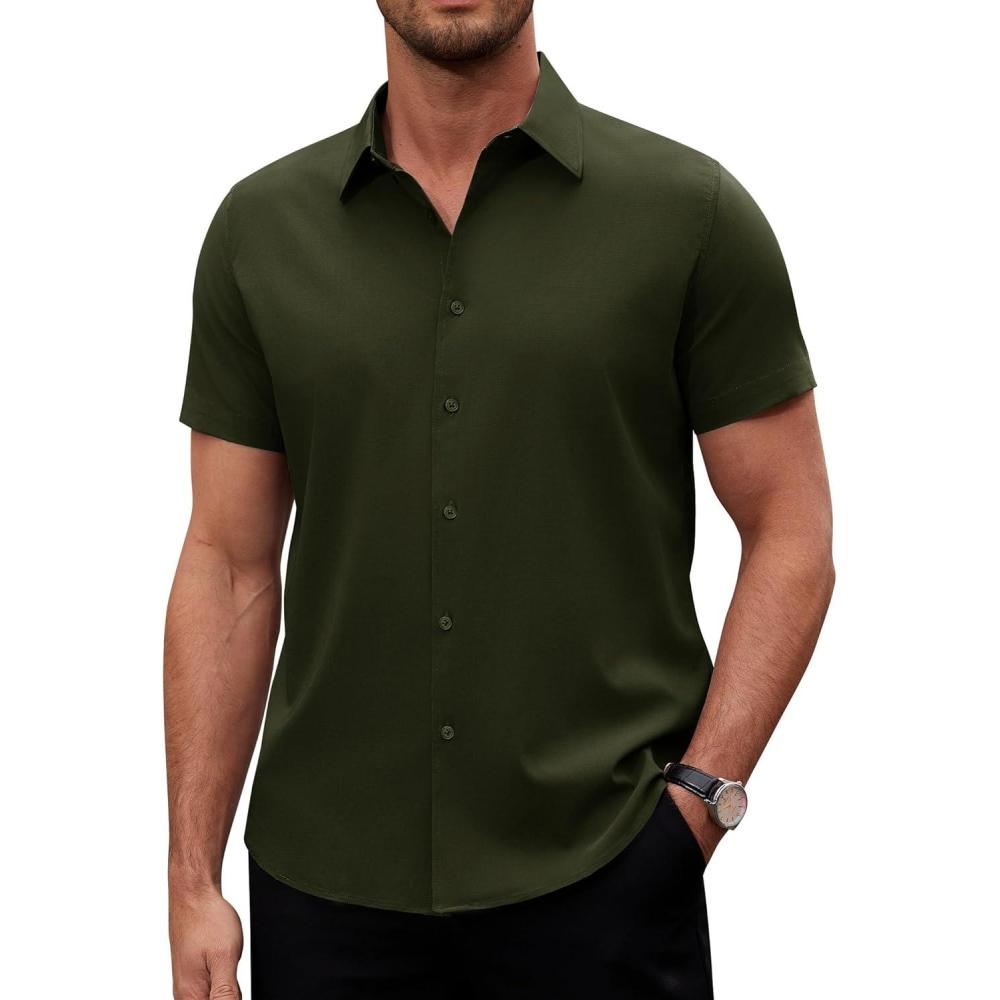 imageAlimens amp Gentle Mens Short Sleeve Dress Shirts Stretch Regular Fit Shirt Casual Button Down Business ShirtsDark Green