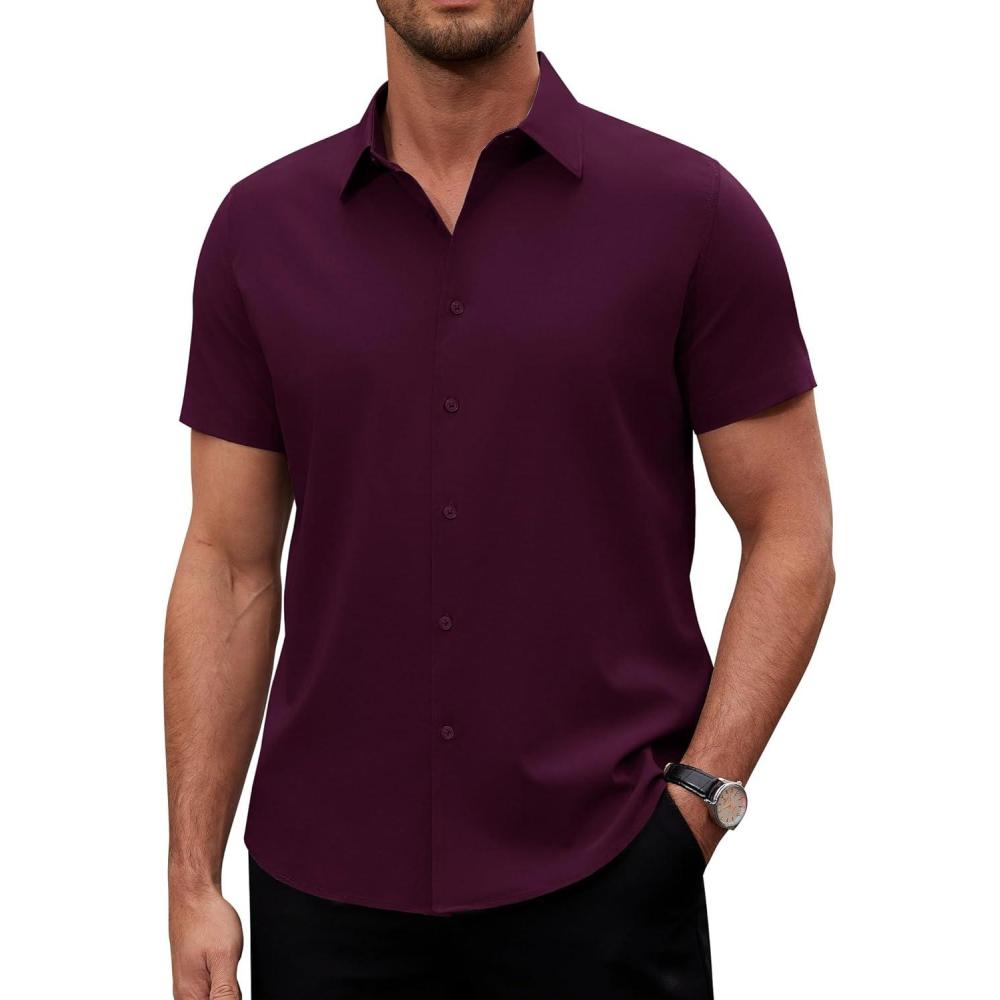 imageAlimens amp Gentle Mens Short Sleeve Dress Shirts Stretch Regular Fit Shirt Casual Button Down Business ShirtsDeep Purple
