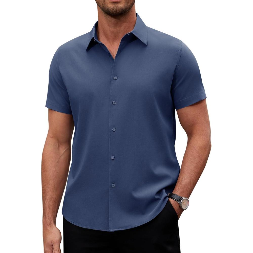 imageAlimens amp Gentle Mens Short Sleeve Dress Shirts Stretch Regular Fit Shirt Casual Button Down Business ShirtsGrayish Blue