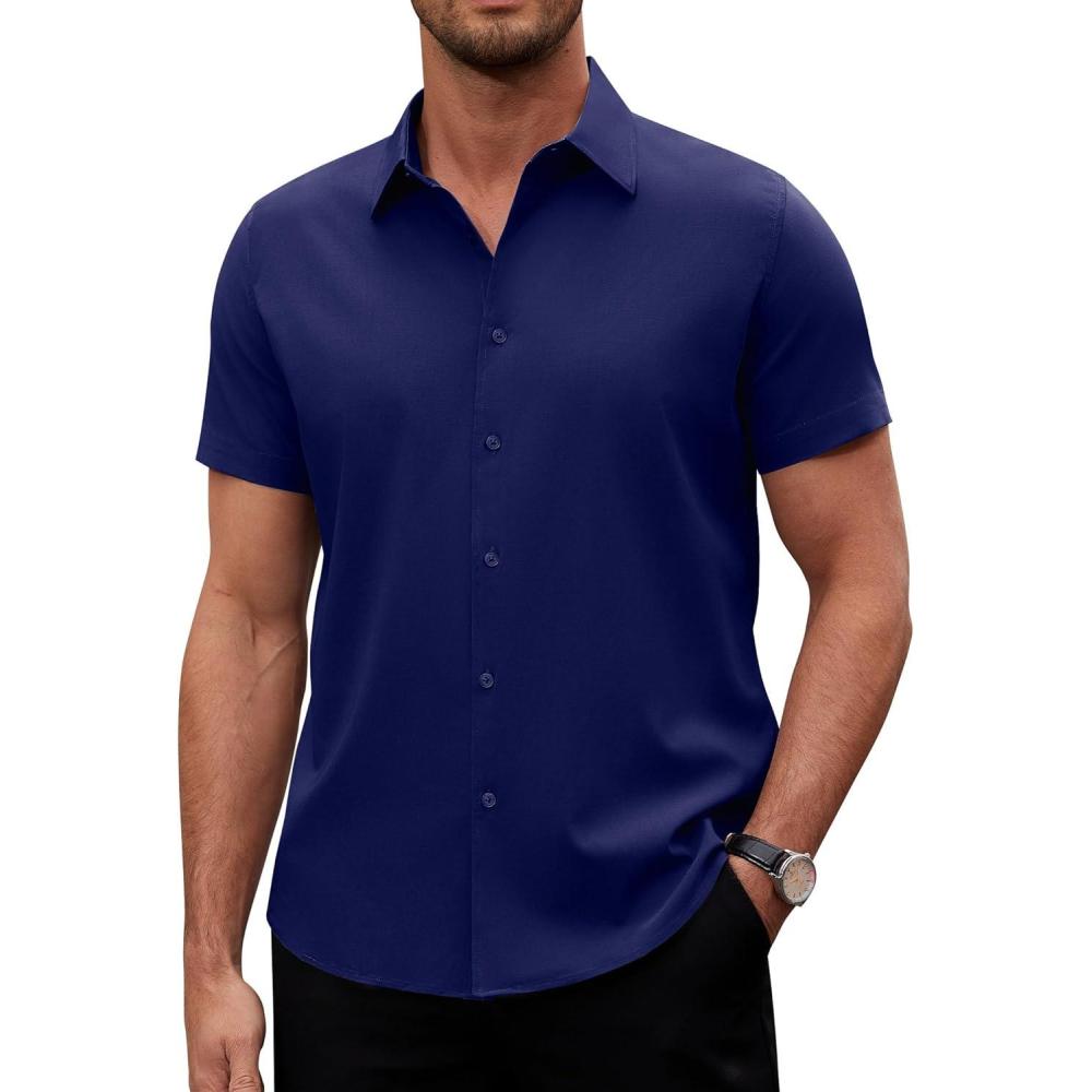 imageAlimens amp Gentle Mens Short Sleeve Dress Shirts Stretch Regular Fit Shirt Casual Button Down Business ShirtsNavy Blue