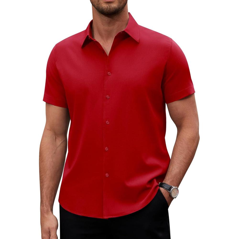 imageAlimens amp Gentle Mens Short Sleeve Dress Shirts Stretch Regular Fit Shirt Casual Button Down Business ShirtsRed