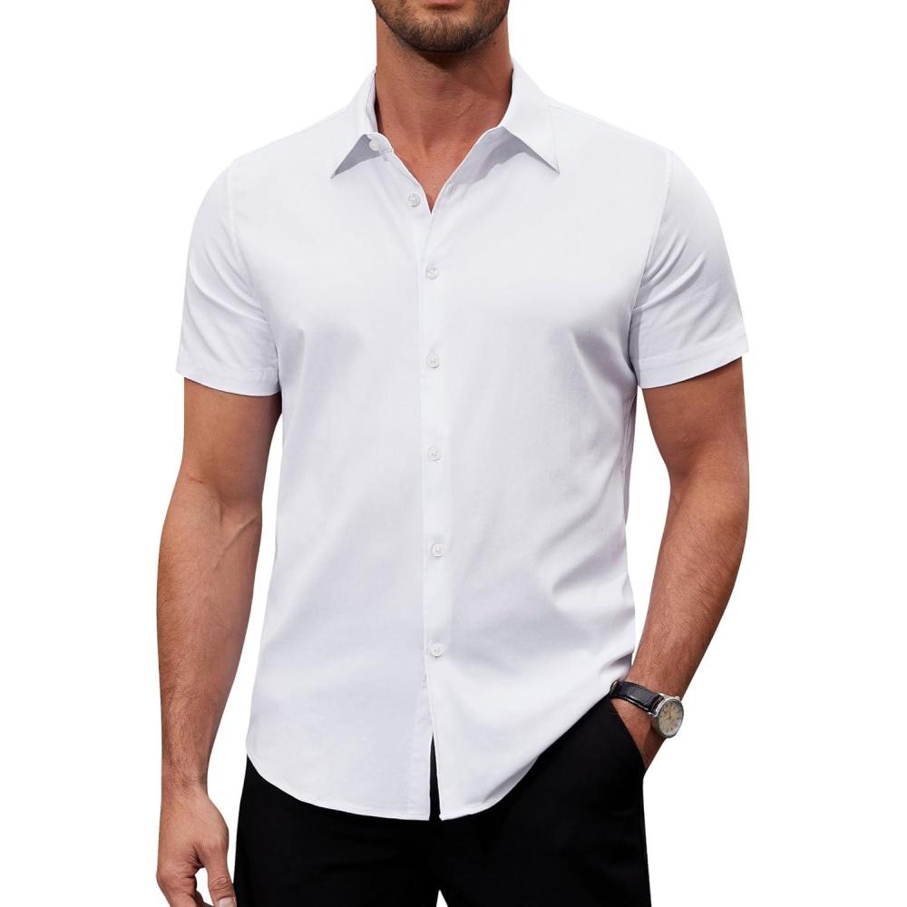 imageAlimens amp Gentle Mens Short Sleeve Dress Shirts Stretch Regular Fit Shirt Casual Button Down Business ShirtsWhite