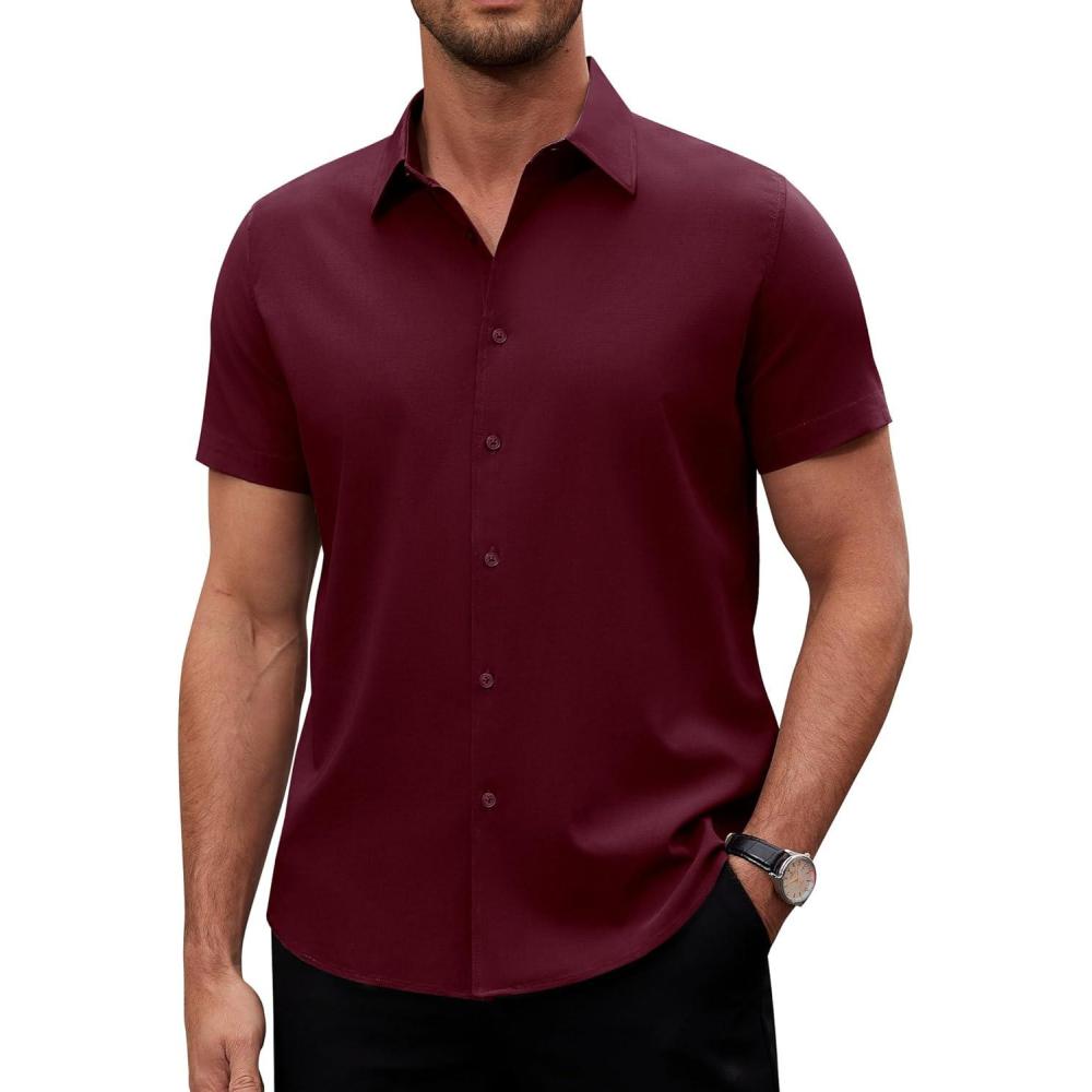 imageAlimens amp Gentle Mens Short Sleeve Dress Shirts Stretch Regular Fit Shirt Casual Button Down Business ShirtsWine Red