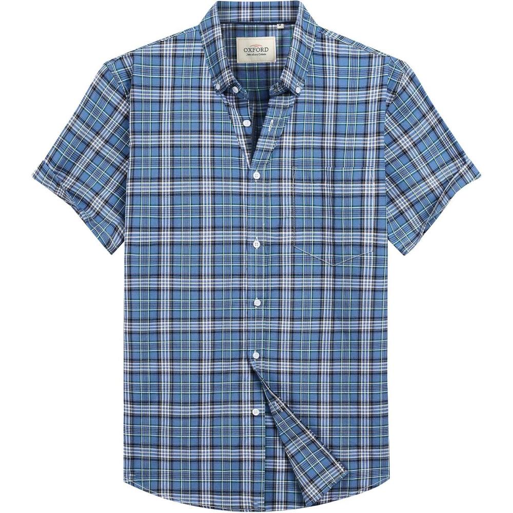 imageAlimens amp Gentle Mens Short Sleeve Oxford Shirt Regular Fit Button Down Collar Shirts with PocketPlaid Blue