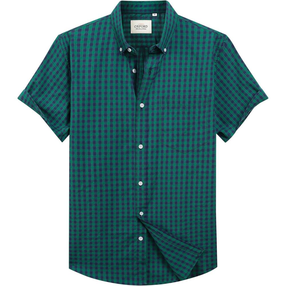 imageAlimens amp Gentle Mens Short Sleeve Oxford Shirt Regular Fit Button Down Collar Shirts with PocketPlaid Dark Green