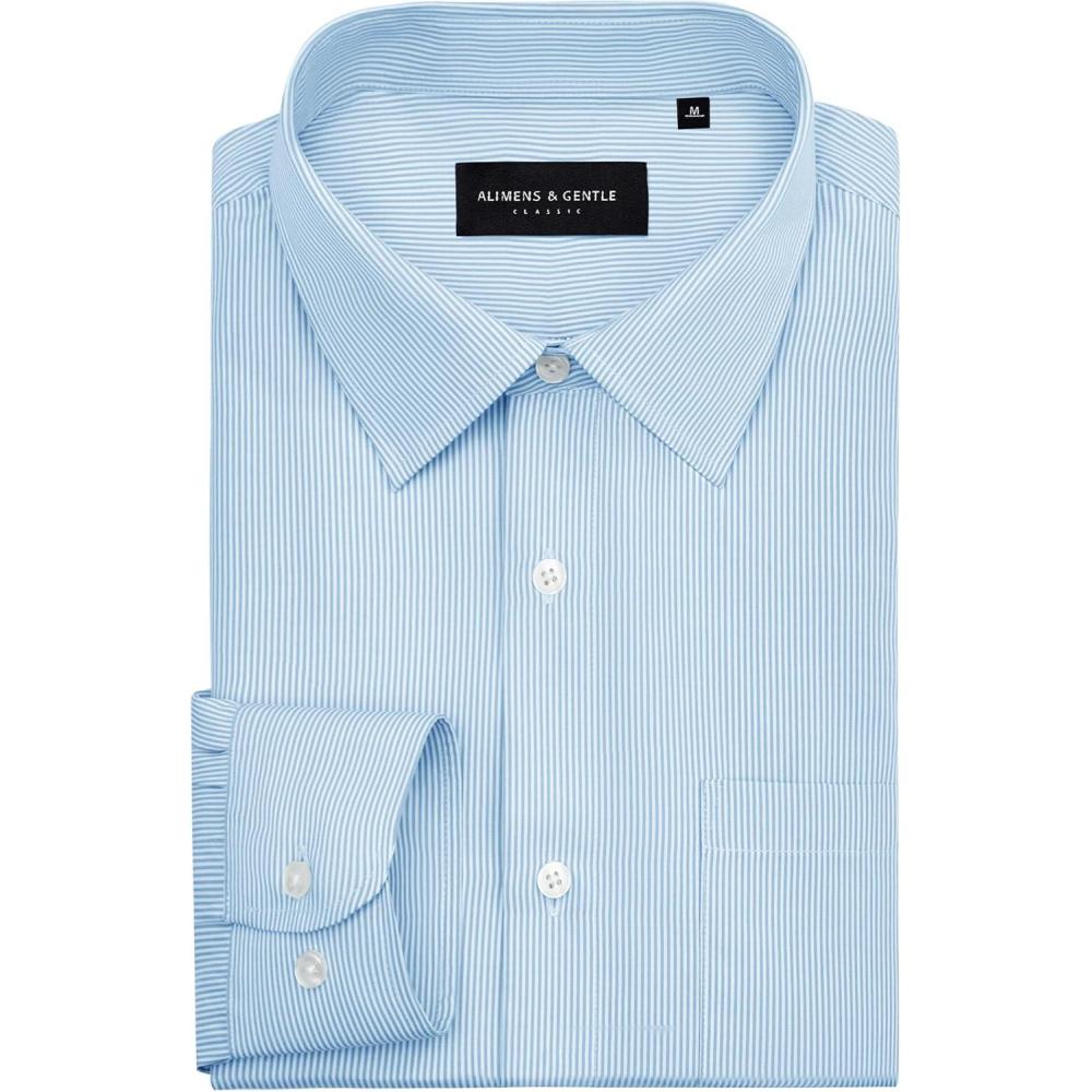 imageAlimens amp Gentle Mens Stripe Dress Shirts Transitional Weather Long Sleeve Casual Button Down Business Shirt Poplin TopLight Blue