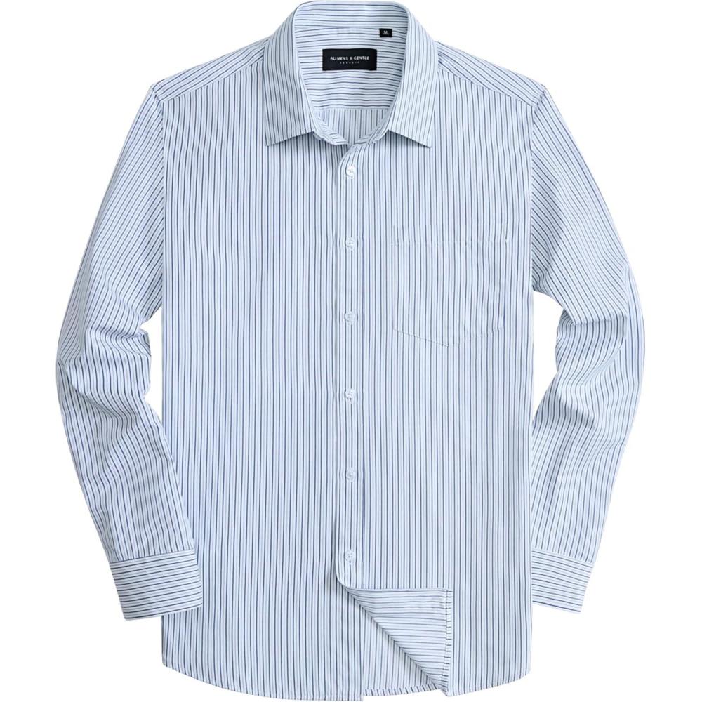 imageAlimens amp Gentle Mens Striped Dress Shirt Button Down Regular Fit Shirts Casual Business Transitional WeatherDark Blue Stripe