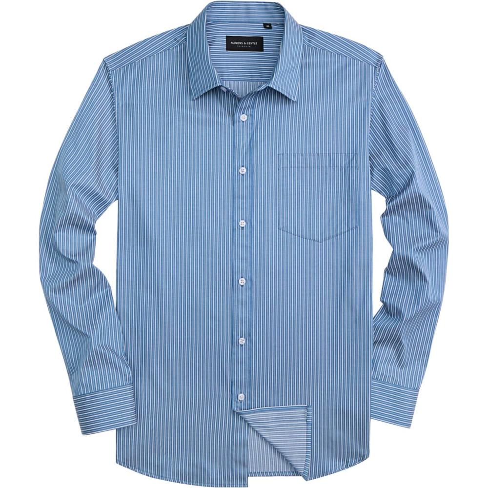 imageAlimens amp Gentle Mens Striped Dress Shirt Button Down Regular Fit Shirts Casual Business Transitional WeatherWhite Blue Stripe